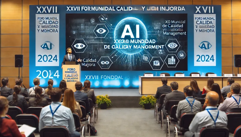 DALL·E 2024 06 24 21.50.12 A professional conference setting with a speaker presenting about AI and quality management in front of an audience. The presentation screen shows vis Calidad en la Era de la IA